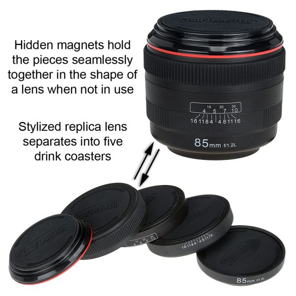 CraftMaster LenzCoaster – Premium Quality Camera Lens Replica that doubles as set of 5 drink coasters with silicone padding For Sale